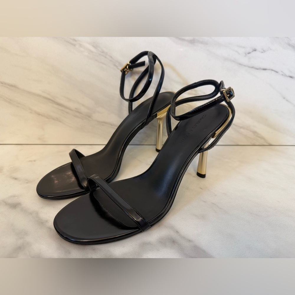 Charles & Keith Black Ankle Strap Heels with Gold Heel Minimalist Chic Size 39 - Picture 2 of 13